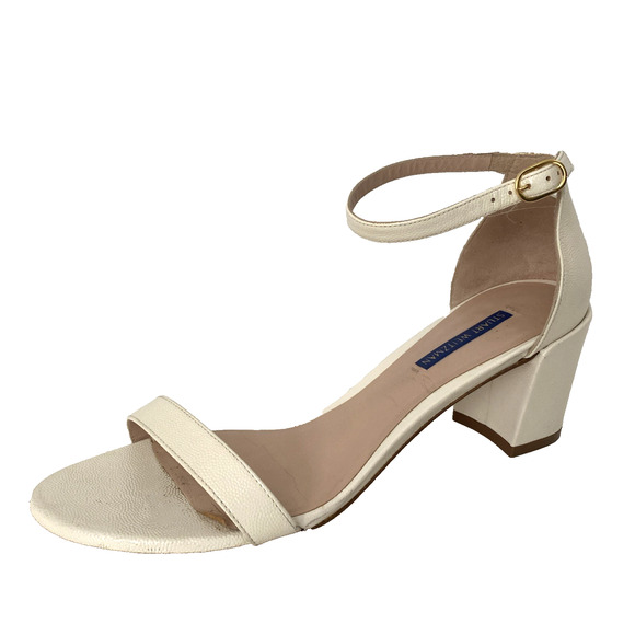 Stuart Weitzman Nearlynude Simple Sandal Open Toe Block Heel Off White Textur 10 - Picture 1 of 10